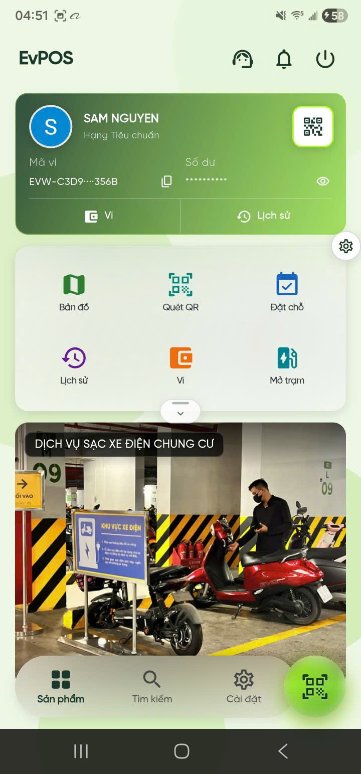 Giao diện ứng dụng EvPOS trên điện thoại